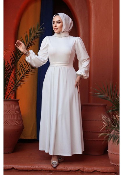 Kemerli Beyaz Tesettür Elbise 23101B fiyatları