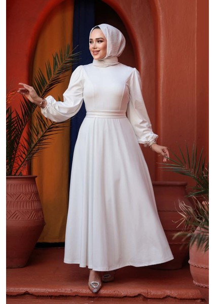 Kemerli Beyaz Tesettür Elbise 23101B modelleri
