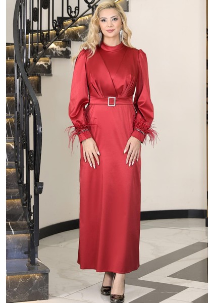 Lara Saten Kemerli Tesettür Abiye Kırmızı
