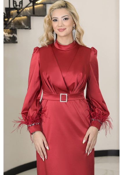 Lara Saten Kemerli Tesettür Abiye Kırmızı fiyatları