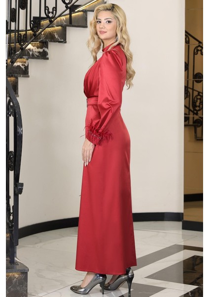 Lara Saten Kemerli Tesettür Abiye Kırmızı modelleri