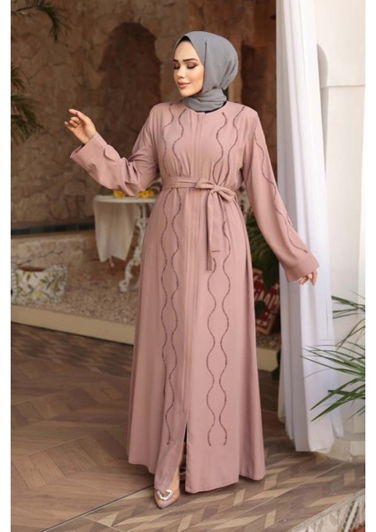 Boncuk Işlemeli Pudra Tesettür Abaya 29117PD