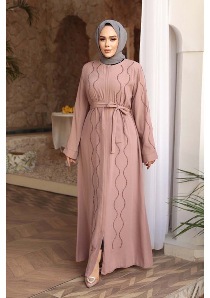 Boncuk Işlemeli Pudra Tesettür Abaya 29117PD fiyatları