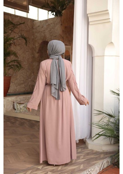 Boncuk Işlemeli Pudra Tesettür Abaya 29117PD fırsatları