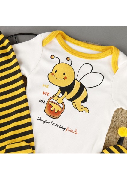 Pamuklu Arı Baskılı Şapkalı 3'lü Zıbın Bebek Set indirimleri