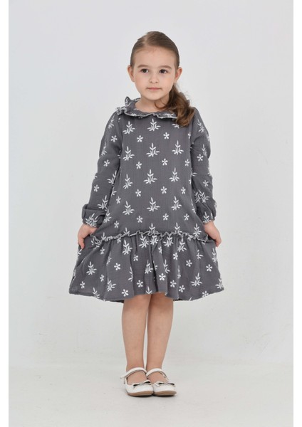 Kız Çocuk Çiçek Nakışlı Bebe Yaka Elbise