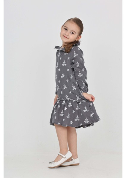 Kız Çocuk Çiçek Nakışlı Bebe Yaka Elbise modelleri