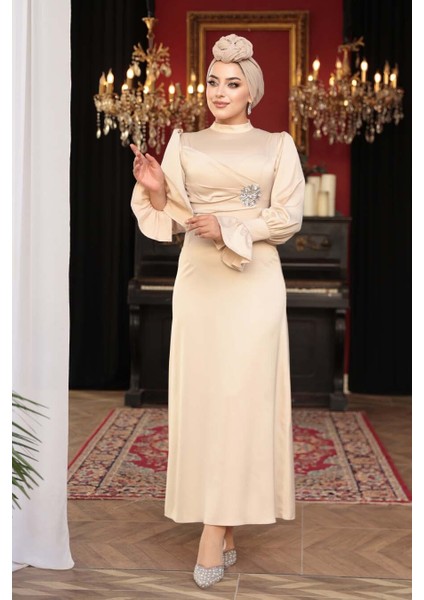 Saten Bej Tesettür Abiye Elbise 62301BEJ fiyatları