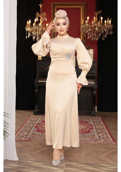 Saten Bej Tesettür Abiye Elbise 62301BEJ modelleri