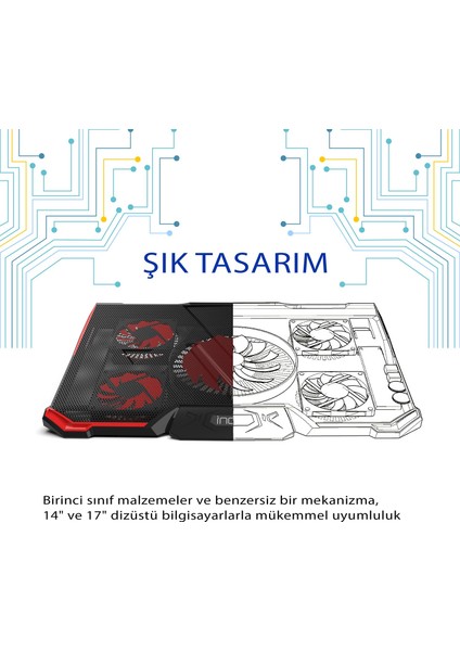 INC-611GMS Arrax Gamıng Notebook Cooler 5x Fan, 6 Steps, 2x Usb, 13 "-17" modelleri