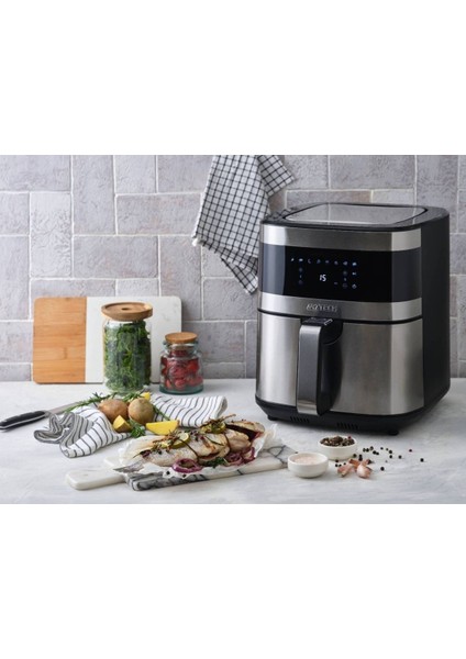 Geniş Kapasiteli Airfryer 6.5 Lt ve 3'lü Çelik Izgara Seti Siyah