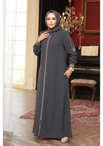 Fermuarlı Füme Tesettür Ferace 26381FU modelleri