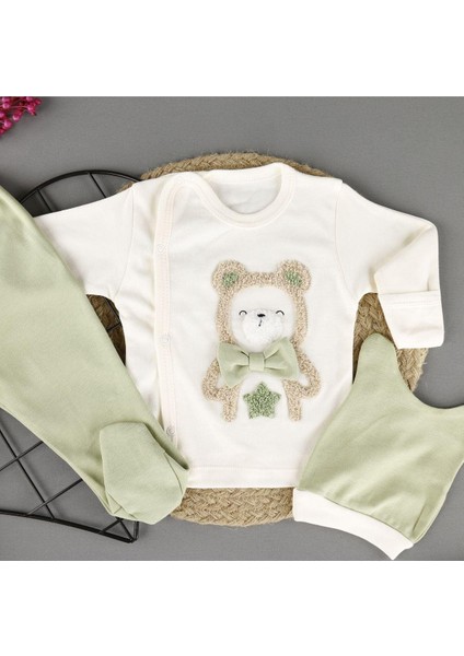 Pamuklu Ayıcık Nakışlı 3'lü Unisex Zıbın Set modelleri