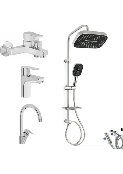 Win S Banyo Bataryası + Lavabo Bataryası + Eviye Bataryası + Doppo Prime Lux Tepe Duş Sistemi