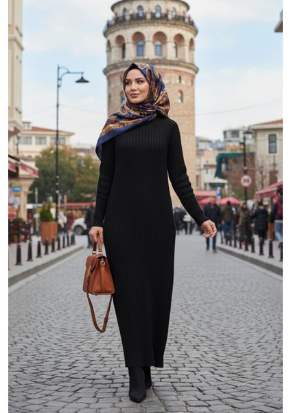 Fitilli Siyah Tesettür Triko Elbise 33672S