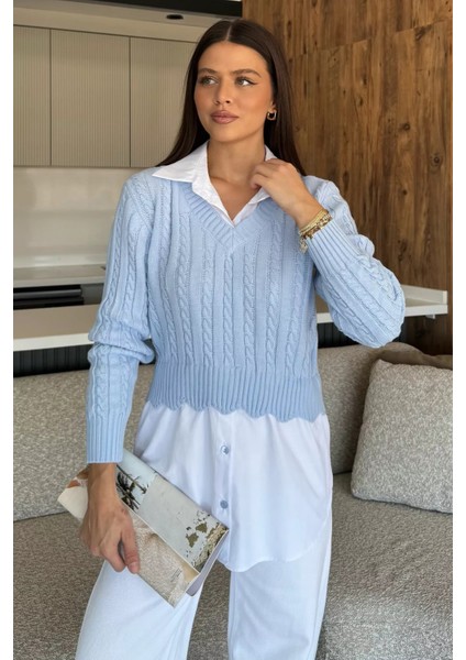 Kadın Gömlek Garnili Örgü Detaylı Triko Bluz ( S-M-L Beden Uyumludur) P-00012679