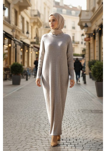Fitilli Bej Tesettür Triko Elbise 33672BEJ