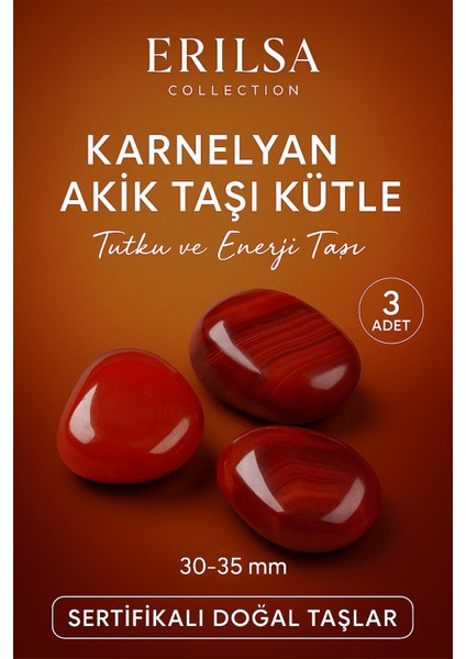 Sertifikalı Karneol - Karnelyan Akik Taşı Kütle 3’lü Set (30-35 mm) – Tutku ve Enerji Taşı