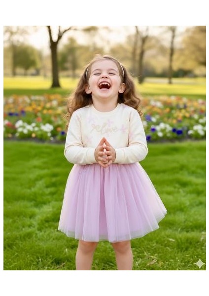 Kız Çocuk Tütü Etekli Payet Işlemeli Kurdele Baskılı %100 Pamuk Mor Astarlı Elbise modelleri