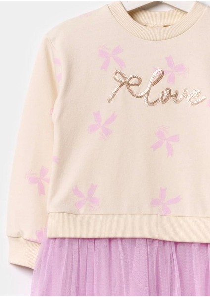 Kız Çocuk Tütü Etekli Payet Işlemeli Kurdele Baskılı %100 Pamuk Mor Astarlı Elbise fırsatları