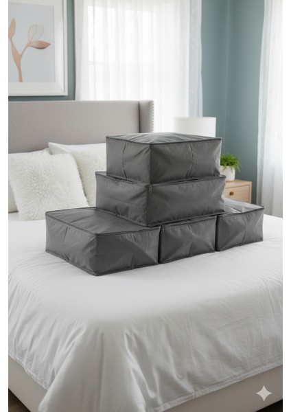 5'li Gri Büyük Baza Altı & Çekyat Tipi Tela Hurç 65X45X22 cm – Fermuarlı Saklama ve Düzenleme Hurcu