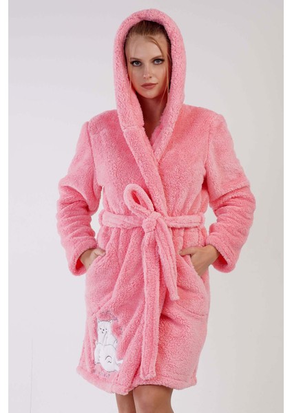 Kadın Pembe Renk Welsoft Kumaş Kapüşonlu Cepli Kuşaklı Midi Boy Sabahlık C9T5N0603 fırsatları