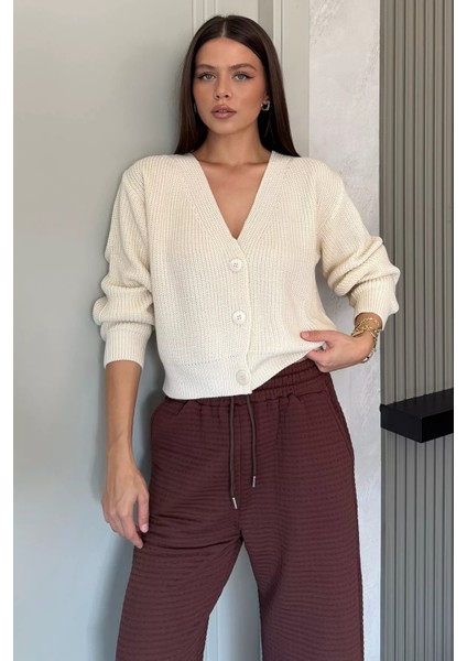 V Yaka Ön Düğmeli Kadın Örme Triko Hırka P-00008941
