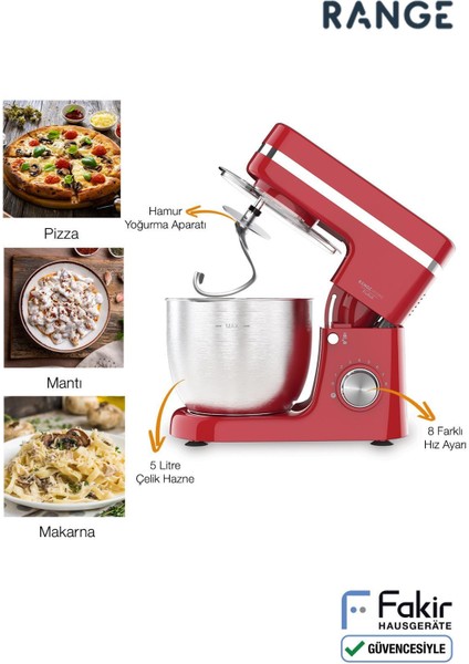 Kırmızı Stand Mikser ve Hamur Yoğurma Cihazı, Güçlü ve Şık Tasarım