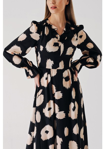 Siyah Somon Kolları ve Yakası Fırfır Detaylı Uzun Elbise 94413 modelleri