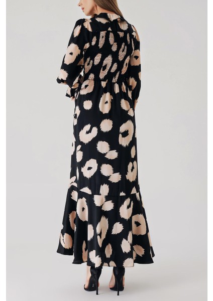 Siyah Somon Kolları ve Yakası Fırfır Detaylı Uzun Elbise 94413 fırsatları