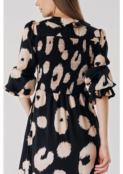 Siyah Somon Kolları ve Yakası Fırfır Detaylı Uzun Elbise 94413 indirimleri