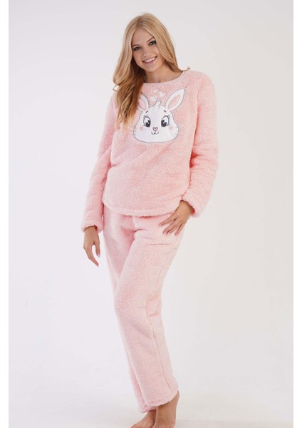 Kadın Pembe Renk Welsoft Kumaş Uzun Kollu Bisiklet Yaka Rahat Pijama Takımı C1T6N0603 fiyatları