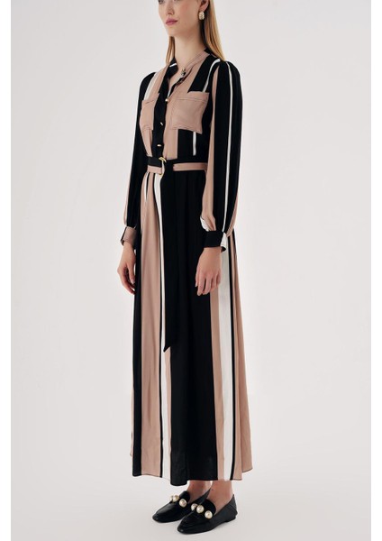 Çizgili Cepli Yarım Pat Kemerli Elbise 94426 modelleri