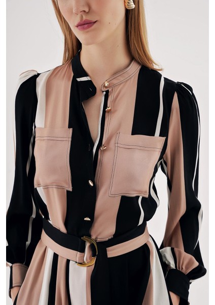 Çizgili Cepli Yarım Pat Kemerli Elbise 94426 indirimleri