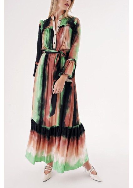 Karışık Renkler Beli Lastikli Büzgülü Uzun Elbise 94541