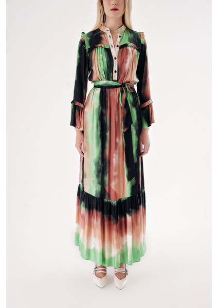 Karışık Renkler Beli Lastikli Büzgülü Uzun Elbise 94541 fiyatları