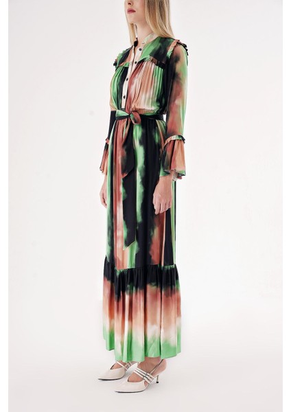 Karışık Renkler Beli Lastikli Büzgülü Uzun Elbise 94541 modelleri