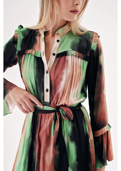 Karışık Renkler Beli Lastikli Büzgülü Uzun Elbise 94541 indirimleri