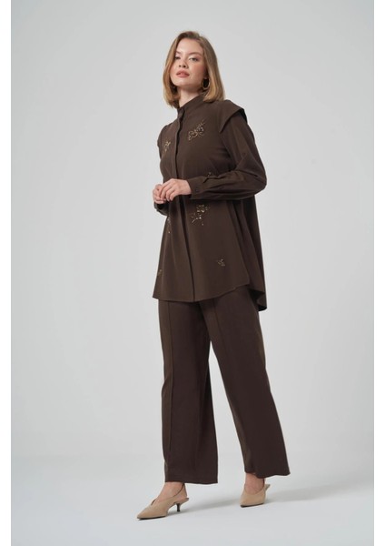 1 Çiçeklei Boncuk Işlemeli Pantolonlu Takım - Kahve 1032 modelleri