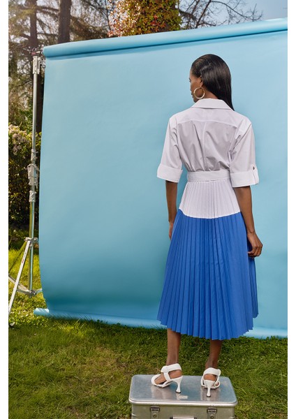 Beyaz Mavi Pilise Detaylı Poplin Elbise 93504