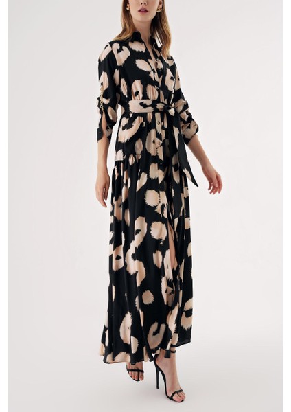 Desenli Büzgülü Zincir Aksesuar Detaylı Uzun Gömlek Elbise 94568