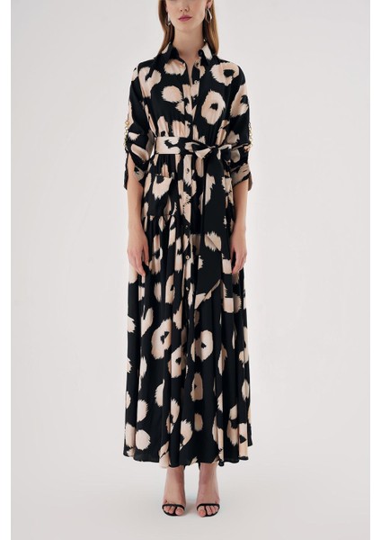 Desenli Büzgülü Zincir Aksesuar Detaylı Uzun Gömlek Elbise 94568 fiyatları