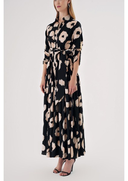 Desenli Büzgülü Zincir Aksesuar Detaylı Uzun Gömlek Elbise 94568 modelleri