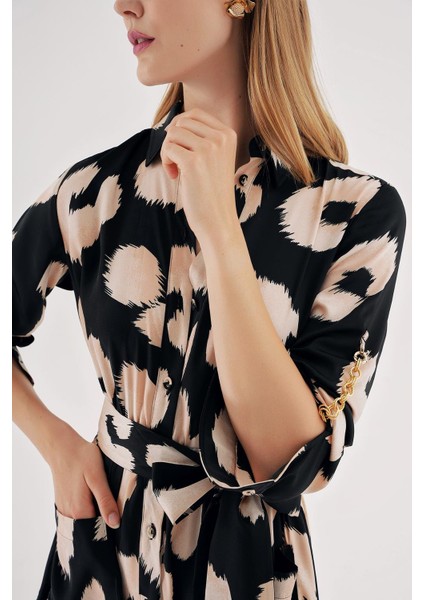 Desenli Büzgülü Zincir Aksesuar Detaylı Uzun Gömlek Elbise 94568 indirimleri