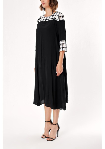 Siyah Beyaz Desenli Kumaş Kombinli Elbise 93950 modelleri