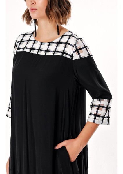 Siyah Beyaz Desenli Kumaş Kombinli Elbise 93950 indirimleri