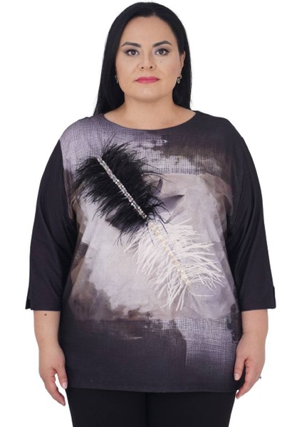 Büyük Beden Tüğlü Taş Detaylı Oversize Bluz