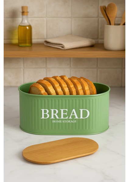 Yeşil Ahşap Kapaklı Metal Ekmeklik, Şık ve Pratik Ekmek Kutusu