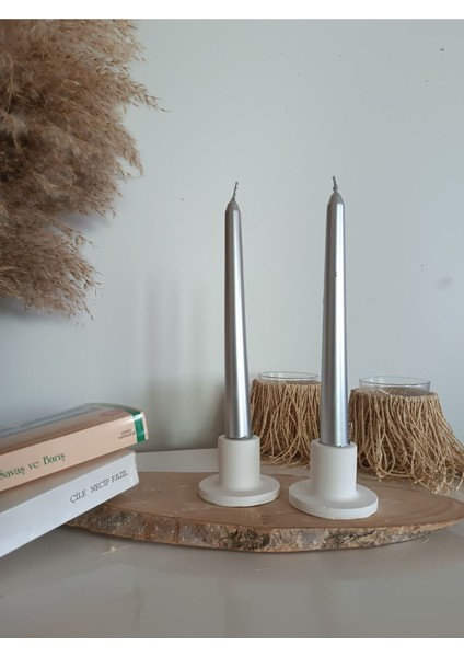 2'li Beyaz Betondan Şamdan Mumluk, Şamdan Mumluk, Beyaz Uzun Mumluk, Minimal Şamdan Mumluk.