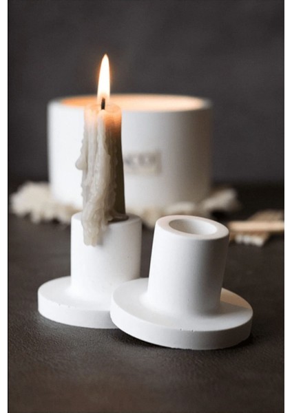 2'li Beyaz Betondan Şamdan Mumluk, Şamdan Mumluk, Beyaz Uzun Mumluk, Minimal Şamdan Mumluk. modelleri